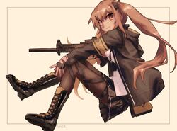  :3 arigatoner armband black_gloves black_skirt boots bow brown_eyes brown_hair commentary_request female fingerless_gloves from_side full_body girls&#039;_frontline gloves gun h&amp;k_ump hair_ornament hairbow hairclip hood hood_down hooded_jacket jacket knee_pads long_hair looking_at_viewer pantyhose pleated_skirt shirt skirt solo submachine_gun trigger_discipline ump9_(girls&#039;_frontline) weapon white_shirt yellow_armband 