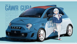  alternate_costume bloop_(gawr_gura) blue_background blue_eyes blue_hair blue_jacket bodysuit car character_name closed_mouth commentary english_commentary ex-trident female fiat fiat_500 full_body gawr_gura grey_hair hands_in_pockets highres hololive hololive_english jacket looking_at_viewer motor_vehicle multicolored_hair simple_background smile solo standing standing_on_one_leg two-tone_hair vehicalization vehicle_focus virtual_youtuber white_bodysuit 