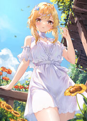  alternate_costume arm_support bare_shoulders blonde_hair blue_sky breasts chahei chinese_commentary cleavage cleavage_cutout clothing_cutout cloud commentary cowboy_shot day detached_sleeves dress falling_leaves female flower frilled_sleeves frills from_below genshin_impact hair_flower hair_ornament hand_on_railing hand_up highres leaf looking_at_viewer looking_down lumine_(genshin_impact) medium_breasts outdoors parted_lips railing red_flower sash short_hair_with_long_locks short_sleeves sky sleeveless sleeveless_dress solo sundress sunflower thighs turtleneck white_dress white_flower white_sash white_sleeves wooden_railing yellow_eyes yellow_flower 