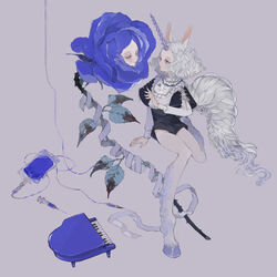  1other animal_ears bad_id bad_pixiv_id black_dress blue_eyes blue_flower blue_rose dress female flower grey_background hand_up hooves horns horse_ears horse_legs instrument leaf long_sleeves mini_piano monster_girl needle nekosuke_(oxo) original piano profile rose short_hair single_horn syringe thorns white_hair 