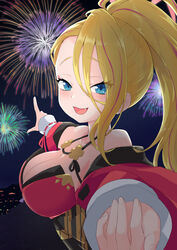  bare_shoulders blonde_hair blue_archive blue_eyes braid breasts commentary_request female fireworks halo happy highres jakomurashi japanese_clothes large_breasts long_hair pina_(blue_archive) pointing ponytail side_braid simple_background single_braid smile solo very_long_hair weapon 