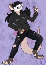  air_guitar american_opossum anthro arwenscoots black_hair bottomwear clothing conditional_dnp guitar_pick hair hi_res hoodie long_hair male mammal marsupial pants smile solo topwear torn_bottomwear torn_clothing torn_pants virginia_opossum 