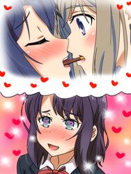  2girls adachi_sakura adachi_to_shimamura blue_hair blush closed_eyes commentary food green_eyes heart heart_in_eye highres imagining karuta_(karuta01) light_brown_hair multiple_girls pocky pocky_day pocky_kiss purple_eyes shimamura_hougetsu sparkle symbol_in_eye yuri 