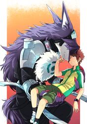  anthro appmon appmon_(species) bandai_namco blue_eyes bodily_fluids brown_hair canid canine canis carrying_another carrying_partner digimon digimon_(species) duo eye_contact eyewear fur goggles green_eyes grey_body grey_fur hair haruma7910 hi_res human long_hair looking_at_another male male/male mammal purple_body purple_fur shutmon smile tears teeth white_body white_fur wolf yuujin_oozora 