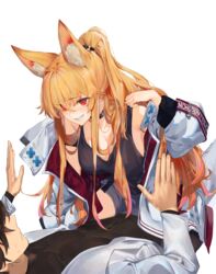  1boy a.t._zero absurdres animal_ears blonde_hair blush commission dungeon_and_fighter ellin_meiji female fox_ears highres jacket original ponytail red_eyes 