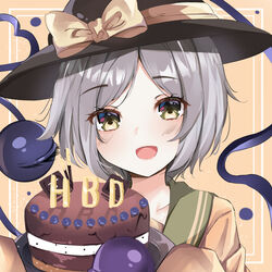  :d absurdres black_hat blush bow brown_eyes cake clip_studio_paint_(medium) commentary english_commentary engrish_commentary female food frilled_shirt_collar frills grey_hair happy_birthday hat hat_bow hat_ribbon highres holding holding_cake holding_food kaya_(tyhk7874) komeiji_koishi looking_at_viewer medium_hair open_mouth orange_background orange_shirt parted_bangs ribbon sailor_collar shirt sidelocks sleeves_past_fingers sleeves_past_wrists smile solo touhou 