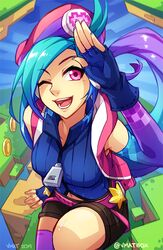  arcade_caitlyn arm_support asymmetrical_bangs black_gloves blue_hair breasts brown_shorts caitlyn_(league_of_legends) coin commentary_request detached_sleeves female fingerless_gloves from_above gloves large_breasts league_of_legends long_hair long_sleeves navel official_alternate_costume one_eye_closed pink_hair pink_headwear shorts smile solo star_(symbol) teeth tongue vmat zipper_pull_tab 