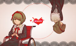  2girls aokiku binary character_name collared_dress danganronpa empty_eyes eyebrows_visible_through_hair green_eyes green_hair hair_ribbon hairband hands_together heart highres long_sleeves monaka_(danganronpa) multiple_girls multiple_views neck_ribbon red_eyes red_ribbon ribbon short_hair sitting smile spoilers standing wheelchair zettai_zetsubou_shoujo 