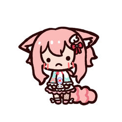  alicia_cotton animal_ear_fluff animal_ears asymmetrical_legwear blush cat_girl chibi chroneco closed_mouth commentary female frown full_body hair_between_eyes hair_ornament highres indie_virtual_youtuber long_sleeves pink_hair short_hair short_ponytail solo virtual_youtuber white_background 