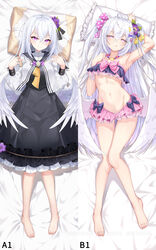  ahoge azusa_(blue_archive) azusa_(swimsuit)_(blue_archive) barefoot bikini blue_archive blue_bow blush bow breasts closed_mouth dakimakura_(medium) female flower frilled_skirt frills grey_hair hair_between_eyes hair_flower hair_ornament hair_ribbon highres long_hair looking_at_viewer lying multiple_views on_back parted_lips pink_eyes pink_flower pink_skirt purple_flower ribbon salyut school_uniform skirt small_breasts smile swimsuit very_long_hair white_bikini yellow_flower 