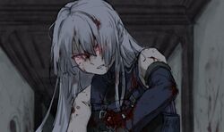  ak-15_(girls&#039;_frontline) angry arigatoner bare_shoulders black_gloves bleeding blood blood_on_clothes blood_on_face clenched_teeth commentary elbow_gloves female girls&#039;_frontline gloves glowing glowing_eyes grey_hair hair_over_eyes indoors injury long_hair looking_at_viewer messy_hair purple_eyes solo tactical_clothes teeth upper_body 