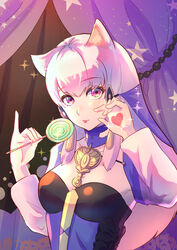  animal_ears breasts cat_ears choker cleavage commentary_request detached_sleeves female fire_emblem fire_emblem:_three_houses hair_ornament heart highres holding long_hair long_sleeves looking_at_viewer lysithea_von_ordelia medium_breasts purple_choker red_eyes riou_(pooh920) solo tongue tongue_out upper_body white_hair white_sleeves 