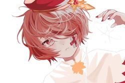  1boy bad_id bad_twitter_id bandage_on_face bandages capelet commentary_request dutch_angle expressionless fukase hair_over_one_eye hand_up hat highres korean_commentary male_focus nu_nu_s2 one_eye_covered portrait red_eyes red_hair red_hat red_nails solo vocaloid white_background white_capelet 