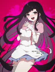  :d apron bandaged_arm bandaged_leg bandages black_hair blush collared_shirt commentary danganronpa_(series) danganronpa_2:_goodbye_despair female fingers_together highres long_hair looking_at_viewer mole mole_under_eye open_mouth puffy_short_sleeves puffy_sleeves purple_eyes shirt short_sleeves simple_background skirt smile solo takae_(poupee_en_biscuit) tsumiki_mikan very_long_hair 