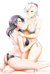  2girls arm_strap ass asymmetrical_bangs bangs banned_artist barefoot bikini black_bikini black_hair blue_eyes bow breasts choker cinder_fall cleavage closed_mouth collarbone earrings eye_contact hairbow hand_on_another&#039;s_hip hand_on_another&#039;s_shoulder high_ponytail highres jewelry kimmy77 kneeling large_breasts long_hair looking_at_another multiple_girls parted_lips red_bow rwby shiny shiny_hair shiny_skin shoulder_blades side-tie_bikini sideboob silver_hair simple_background sitting soles swimsuit wariza watermark white_background white_bikini white_choker winter_schnee yellow_eyes yuri 