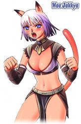  animal_ears animal_nose blue_eyes breasts brown_sleeves cat_ears cat_girl cat_tail character_name cleavage clenched_hand covered_nipples cowboy_shot detached_sleeves female final_fantasy final_fantasy_xi hae_jyakka hands_up legs_apart light_purple_hair long_sleeves lowres medium_breasts mithra_(ff11) navel open_mouth short_hair simple_background solo standing tail tail_raised taisai_soft teeth thighs white_background 