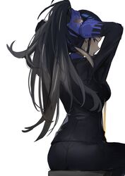  ass black_hair black_jacket black_pants blonde_hair blue_eyes blue_gloves breasts dark-skinned_female dark_skin female geeta_(pokemon) gloves hair_tie hair_tie_in_mouth highres jacket light_blush long_hair long_sleeves looking_at_viewer medium_breasts mouth_hold multicolored_hair pant_suit pants pokemon pokemon_sv ponytail ryuuji_teitoku simple_background sitting solo streaked_hair suit tying_hair white_background 