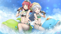  2girls :d ;d bikini blue_flower blunt_bangs bracelet breasts cleavage elf floating_hair flower frilled_bikini frills green_bikini grey_hair highres holding holding_microphone jewelry lens_flare long_hair looking_at_viewer medium_breasts microphone multiple_girls music mysteryctu one_eye_closed open_mouth outstretched_hand pointy_ears polka_dot polka_dot_bikini purple_eyes rain_(sao) red_hair seven_(sao) singing smile straight_hair swimsuit sword_art_online white_bikini wrist_cuffs yellow_eyes 