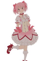  absurdres bad_id bad_pixiv_id blush choker dress female frilled_dress frills gloves hateri high_heels highres kaname_madoka kaname_madoka_(magical_girl) kneehighs looking_at_viewer magical_girl mahou_shoujo_madoka_magica mahou_shoujo_madoka_magica_(anime) pink_eyes pink_hair pink_ribbon puffy_sleeves red_choker red_footwear ribbon ribbon_choker short_twintails smile socks solo standing standing_on_one_leg twintails white_gloves 