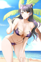  animal_ear_fluff animal_ears bangs banned_artist beach bikini black_hair blake_belladonna blue_sky blurry blurry_background breasts cat_ears cloud collarbone day eyebrows_visible_through_hair female floating_hair front-tie_bikini front-tie_top grin hand_on_lap highres kimmy77 large_breasts lens_flare long_hair looking_at_viewer multi-strapped_bikini navel ocean off_shoulder orange_ribbon outdoors palm_tree paw_print print_bikini purple_bikini ribbon rwby shiny shiny_hair sky slit_pupils smile solo standing summer swimsuit tree undressing very_long_hair yellow_eyes 