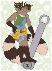  2_heads anthro avoid_posting bolt_(fastener) canid canine clothing eyewear goggles hi_res klotzzilla male mammal multi_head multi_tail overalls plantigrade raccoon_dog shirt shortalls solo standing tail tank_top tanuki tool_belt tools topwear wrench 