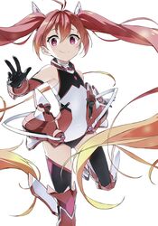  antenna_hair black_gloves black_thighhighs blonde_hair closed_mouth female flat_chest floating_hair gloves gradient_hair hair_between_eyes hair_ornament highres leg_up leotard long_hair looking_at_viewer mitsuka_souji multicolored_hair official_art ore_twintail_ni_narimasu red_eyes red_hair simple_background smile solo tailred thighhighs twintails very_long_hair white_background 