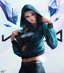  artist_name artstation_username belt blue_hair breasts cheesewoo crop_top earrings female highres hood hood_up hooded_jacket jacket jewelry k/da_(league_of_legends) kai&#039;sa league_of_legends lips looking_at_viewer medium_breasts midriff navel official_alternate_costume purple_eyes solo tank_top the_baddest_kai&#039;sa unzipped 