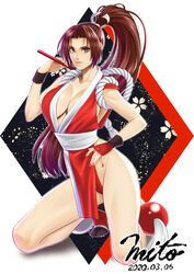  artist_name bare_legs bare_shoulders breasts brown_eyes brown_hair cleavage closed_mouth collarbone commentary dated fatal_fury female fingernails full_body hand_fan highleg holding japanese_clothes kneeling large_breasts lips long_hair looking_at_viewer mito_amatsu nail_polish ninja parted_bangs pelvic_curtain ponytail red_nails revealing_clothes rope shiranui_mai simple_background sleeveless solo the_king_of_fighters white_background 