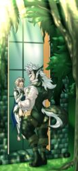  absurd_res ahegarou animal_humanoid armor black_hair canid canid_humanoid canine canine_humanoid clothed clothing corrin_(fire_emblem) dominant duo fangs femboy fire_emblem fire_emblem_fates fire_emblem_heroes fluffy_ears forest hair hi_res human humanoid keaton_(fire_emblem) lifting_partner long_hair male male/male mammal mammal_humanoid muscular nintendo pecs pinned pinned_to_wall plant size_difference teeth tree waist_grab white_hair wolf_humanoid wolfskin 