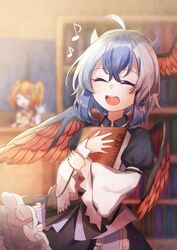  2girls :d ^_^ ahoge ametama_(runarunaruta5656) bird_wings black_bow black_dress blue_hair blurry blurry_background book bookshelf bow check_commentary closed_eyes commentary_request depth_of_field dress dress_bow eighth_note feathered_wings hair_between_eyes head_wings highres holding holding_book horns hugging_book hugging_object indoors layered_sleeves long_sleeves motoori_kosuzu multicolored_hair multiple_girls music musical_note open_mouth orange_hair orange_wings petticoat puffy_short_sleeves puffy_sleeves red_wings short_hair short_over_long_sleeves short_sleeves singing single_head_wing smile teeth tokiko_(touhou) touhou two-tone_hair two_side_up upper_body upper_teeth_only waving white_hair wide_sleeves wings 