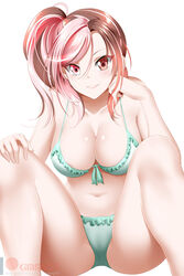  aqua_bikini bangs banned_artist bikini breasts brown_eyes brown_hair cleavage collarbone female frilled_bikini frills front-tie_bikini front-tie_top grin hair_between_eyes halterneck hand_on_own_knee heterochromia high_ponytail highres kimmy77 large_breasts lifted_skirt long_hair multicolored_hair navel neo_politan pink_eyes pink_hair rwby shiny shiny_hair shiny_skin side_ponytail simple_background sitting smile solo swept_bangs swimsuit two-tone_hair watermark white_background 