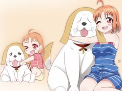  age_progression ahoge animal_collar birthday blush breasts canine collar commentary female grey_eyes highres hug looking_at_viewer love_live! love_live!_sunshine!! medium_breasts one_eye_closed orange_hair red_eyes shiitake_(love_live!_sunshine!!) short_hair smile takami_chika tongue tongue_out zero-theme 