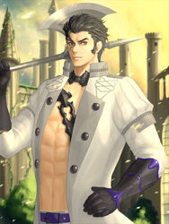  1boy abs axe balthus_von_albrecht black_hair brown_eyes castle commentary_request fire_emblem fire_emblem:_three_houses garreg_mach_monastery_uniform gloves male_focus navel open_clothes open_shirt solo sparkle uni_(uni9248) 