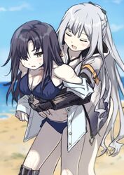  2girls ak-12_(age_of_slushies)_(girls&#039;_frontline) ak-12_(girls&#039;_frontline) angelia_(girls&#039;_frontline) arigatoner bare_shoulders beach bikini black_hair blue_bikini blush braid breasts closed_eyes commentary_request day french_braid girls&#039;_frontline grey_hair grey_jacket hair_over_one_eye highres hug hug_from_behind jacket long_hair mechanical_arms mechanical_legs medium_breasts multiple_girls navel ocean official_alternate_costume outdoors scar sidelocks single_mechanical_arm single_mechanical_leg sky smile swimsuit very_long_hair 