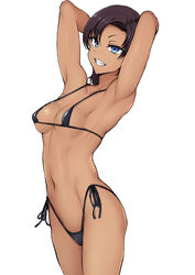  aiue_oka armpits arms_behind_head bikini black_bikini black_hair blue_eyes breasts collarbone commentary_request covered_nipples female grin highres hinata_sae ijirare_~fukushuu_saimin~ looking_at_viewer medium_breasts micro_bikini navel ribs short_hair side-tie_bikini_bottom small_breasts smile solo standing string_bikini swimsuit tan white_background 