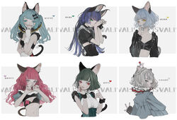  6+girls animal_ears aqua_eyes aqua_hair aqua_nails bad_id bad_pixiv_id black_bow blue_hair blunt_bangs bow breasts cat_ears cat_tail character_name chino_(valis) copyright_name fingerless_gloves gloves green_hair grey_eyes grey_hair hairbow hand_up heart highres kamitsubaki_studio long_hair medium_breasts midriff multiple_girls muted_color myu_(valis) navel neffy_(valis) nekosuke_(oxo) nina_(valis) pink_hair rara_(valis) red_eyes red_nails short_hair sinsekai_studio sleeves_past_wrists small_breasts tail valis_(sinsekai) virtual_youtuber vitte_(valis) white_gloves yellow_eyes 