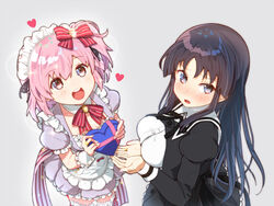  2girls :d alternate_costume apron assault_lily black_hair black_ribbon black_skirt blush bow bowtie box breasts buttons cleavage commentary_request cropped_jacket detached_collar dress enmaided fingernails frilled_apron frilled_dress frilled_legwear frilled_skirt frilled_sleeves frills from_side gift glint grey_background hair_between_eyes hairbow hands_up heart heart-shaped_box high-waist_skirt hitotsuyanagi_riri holding holding_gift jewelry juliet_sleeves large_breasts long_hair long_sleeves looking_at_another looking_at_viewer looking_to_the_side looking_up maid maid_headdress multiple_girls neck_ribbon nose_blush official_alternate_costume one_side_up open_hands open_mouth own_hands_together parted_lips pink_eyes pink_hair puffy_short_sleeves puffy_sleeves purple_dress purple_eyes red_bow red_bowtie ribbon ring school_uniform shirai_yuyu shirt short_hair short_sleeves simple_background skirt skull573 smile sparkle standing striped_bow striped_bowtie striped_clothes teeth thighhighs upper_teeth_only valentine white_apron white_legwear white_shirt yuri yurigaoka_girls_academy_school_uniform 