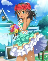  :d absurdres bad_id bad_pixiv_id bell blue_eyes blue_sky blush cloud commentary dark-skinned_female dark_skin day dress female flower flower_necklace green_dress green_eyes hair_flower hair_ornament hand_up head_wreath hibiscus highres holding holding_flower idol_wars_z lei looking_at_viewer medium_hair outdoors sky smile solo standing third-party_source tree wind wind_lift 