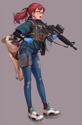  assault_rifle blue_eyes blue_gloves bypos canine commentary denim earrings english_commentary female full_body glasses gloves grey_background gun highres jacket jeans jewelry layered_sleeves long_sleeves m4_carbine mk_18_carbine open_mouth original pants ponytail red_hair rifle shoes short_over_long_sleeves short_sleeves sig_sauer simple_background solo standing tongue tongue_out torn_clothes torn_jeans torn_pants weapon zipper zipper_pull_tab 