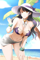  banned_artist bikini black_hair blake_belladonna blue_sky bow breasts collarbone cowboy_shot day female floating_hair grin halterneck hand_on_lap hat hat_bow hat_ribbon highres kimmy77 large_breasts leaning_forward long_hair looking_at_viewer navel outdoors palm_tree paw_print print_bikini purple_bikini purple_bow purple_ribbon ribbon rwby sarong scrunchie shiny shiny_hair shiny_skin sky smile solo standing summer sun_hat swimsuit tree very_long_hair w watermark white_headwear wrist_scrunchie yellow_eyes 