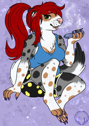  anthro arwen arwenscoots bottomwear breasts clothing conditional_dnp dolphin_shorts domestic_ferret drugs fangs female freckled_breasts freckles hair hi_res hybrid khonorik lemon_slice long_hair mammal marijuana markings mustelid musteline ponytail red_hair shirt shorts sitting smoking smoking_pipe solo spots spotted_markings stoned substance_intoxication tank_top teeth topwear true_musteline weasel 