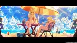  2girls aduare animal_ears animated animated ball beach beachball blonde_hair cocktail commentary commission day drunk dungeon_and_fighter ellin_meiji english_commentary fox_ears lethe_rin letterboxed long_hair looping_animation multicolored_hair multiple_girls outdoors pink_hair red_eyes sitting sunlight surfboard swimsuit two-tone_hair white_hair 