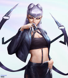  artstation_username blade breasts cheesewoo claws cleavage collar commentary crop_top earrings evelynn_(league_of_legends) eyebrows eyeshadow female grey_hair hand_up highres hoop_earrings jacket jewelry k/da_(league_of_legends) k/da_all_out_evelynn league_of_legends long_hair looking_at_viewer makeup o-ring o-ring_top official_alternate_costume slit_pupils solo upper_body yellow_eyes 