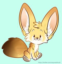  ambiguous_gender big_ears canid canine chibi fennec_fox feral fox looking_at_viewer mammal paws sitting smile snaggle_tooth solo text true_fox url watermark waywardmutt 