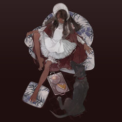  apron bad_id bad_pixiv_id bare_legs barefoot black_background black_dog black_hair bonnet chair commentary cup dark_skin dress feet female floral_print food fork lolita_fashion long_hair long_sleeves nekosuke_(oxo) original pie pie_slice plate simple_background sitting solo symbol-only_commentary white_apron white_dress white_headwear 