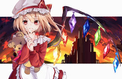  absurdres apron blonde_hair castle commentary double-parted_bangs dress female finger_to_own_chin flandre_scarlet hat hat_ribbon highres hugging_doll hugging_object kaya_(tyhk7874) letterboxed long_hair long_sleeves looking_at_viewer mob_cap outside_border red_dress red_eyes ribbon sidelocks smile solo stuffed_animal stuffed_toy teddy_bear touhou white_hat 