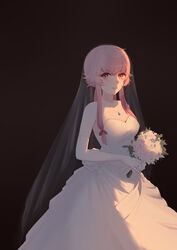  absurdres ayami backlighting black_background bouquet commentary cowboy_shot dress elbow_gloves female flower gasai_yuno gloves highres jewelry long_hair looking_at_viewer mirai_nikki necklace ornate_ring pink_hair red_eyes ring rose sidelocks simple_background smile solo veil wedding_dress wedding_ring white_dress white_flower white_gloves white_rose 