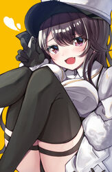  absurdres azur_lane black_gloves black_hair black_thighhighs blush breasts coat female fur_trim gloves hat highres large_breasts long_hair long_sleeves looking_at_viewer misonikomi open_mouth pamiat_merkuria_(azur_lane) purple_eyes red_eyes smile solo thighhighs white_hat 