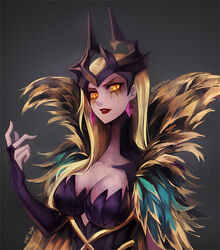  artist_name breasts cleavage collarbone colored_skin coven_leblanc female fur_trim gradient_background grey_background hair_ornament hand_up large_breasts league_of_legends leblanc_(league_of_legends) long_hair looking_at_viewer official_alternate_costume orange_eyes parted_lips pink_skin red_lips solo teeth vmat 