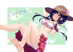  bare_arms bare_legs bare_shoulders barefoot bikini blush breasts cleavage closed_mouth ear_piercing feet female foot_out_of_frame hair_ornament hairclip hat kantai_collection legs long_hair low_twintails medium_breasts ochikata_kage piercing pink_sarong purple_hair red_eyes ryuuhou_(kancolle) ryuuhou_kai_ni_(kancolle) sarong soles solo sun_hat swimsuit taigei_(kancolle) toes twintails 